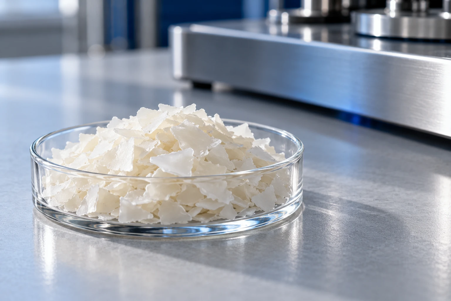 Conceptual laboratory study of ivory additive flakes in a glass dish